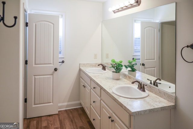 full bathroom with double vanity, wood finished floors, and a sink