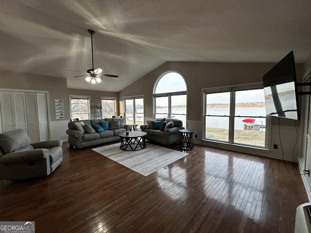 1550 Shady Oaks Ln, Greensboro, GA 30642 - living room with a ceiling fan, vaulted ceiling, a textured ceiling, and dark wood-type flooring