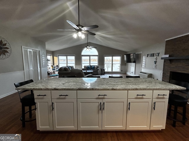 1550 Shady Oaks Ln, Greensboro, GA 30642 - kitchen featuring white cabinets, ceiling fan, open floor plan, and dark wood-style floors
