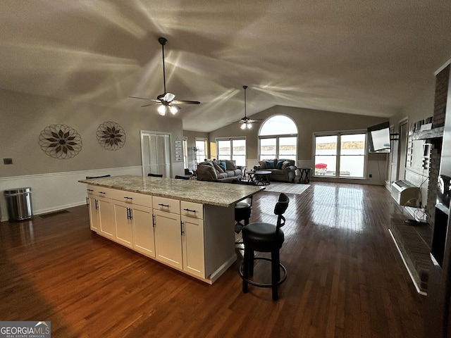 kitchen with dark wood-style floors, open floor plan, ceiling fan, and vaulted ceiling