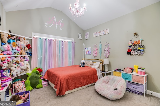 bedroom with an inviting chandelier, lofted ceiling, and carpet floors