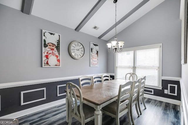 dining space with visible vents, dark wood finished floors, beam ceiling, an inviting chandelier, and high vaulted ceiling