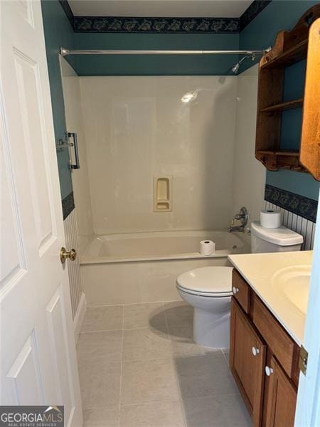 full bath with tile patterned flooring, vanity, toilet, and shower / bathing tub combination