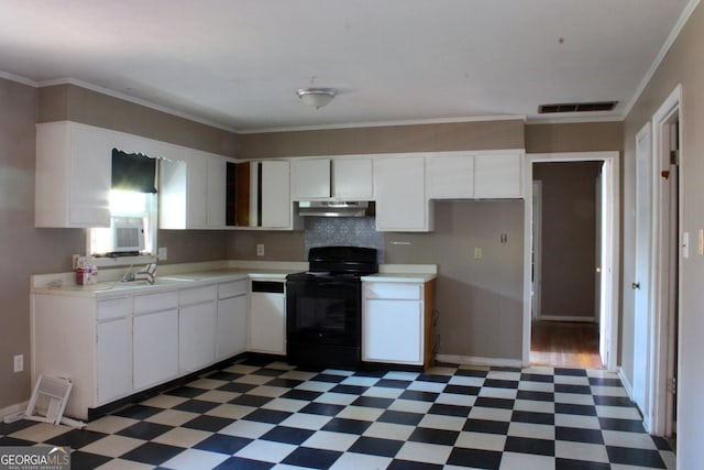 kitchen featuring tile patterned floors, visible vents, black range with electric stovetop, under cabinet range hood, and light countertops