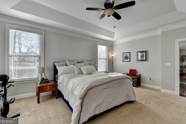 bedroom featuring light colored carpet, multiple windows, and a raised ceiling