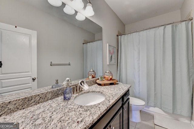 bathroom with tile patterned floors, curtained shower, toilet, and vanity