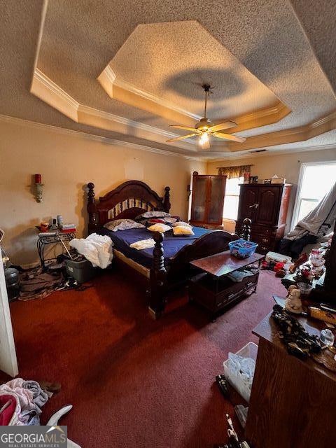 carpeted bedroom featuring a raised ceiling, crown molding, and a textured ceiling