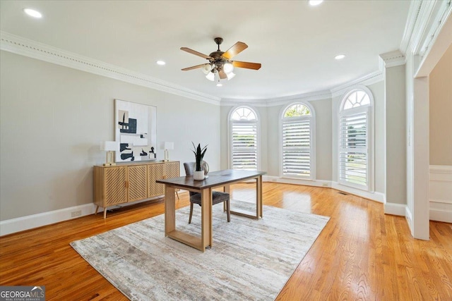home office with recessed lighting, light wood finished floors, a ceiling fan, and ornamental molding