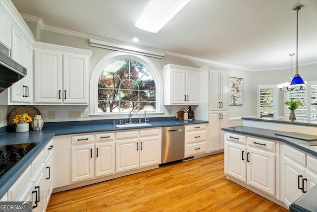 kitchen with dishwasher, white cabinets, dark countertops, and a sink