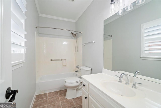 full bath with toilet, crown molding, vanity, and washtub / shower combination