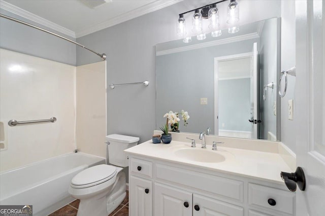 bathroom with crown molding, tile patterned floors, vanity, toilet, and shower / bathtub combination