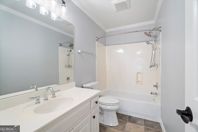 full bathroom featuring bathing tub / shower combination, toilet, visible vents, vanity, and ornamental molding