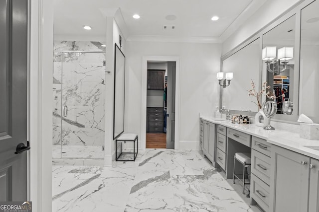 bathroom featuring a marble finish shower, double vanity, a sink, ornamental molding, and marble finish floor