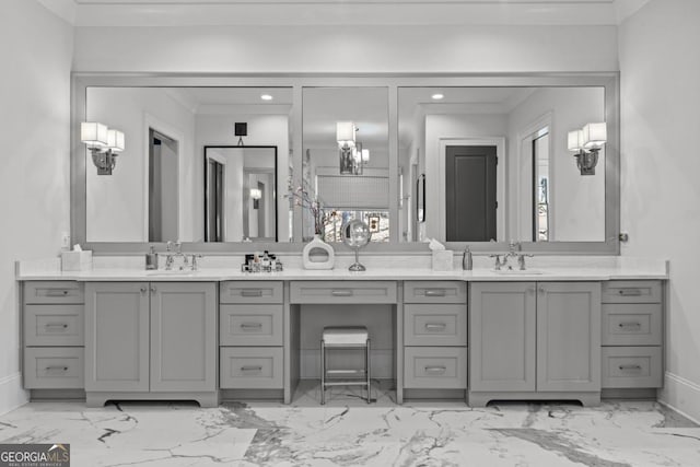 full bathroom with crown molding, recessed lighting, double vanity, and a sink