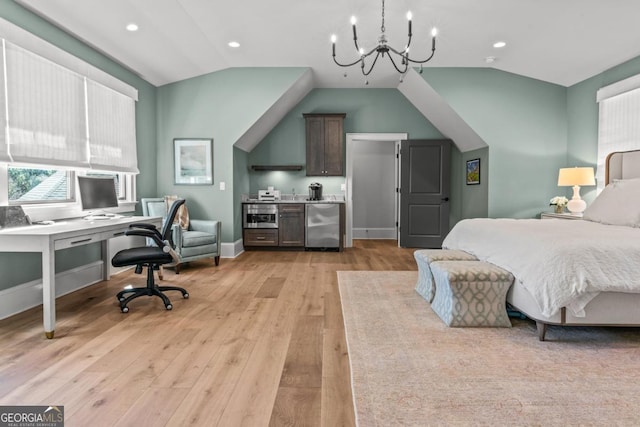 bedroom featuring lofted ceiling, fridge, recessed lighting, light wood finished floors, and baseboards