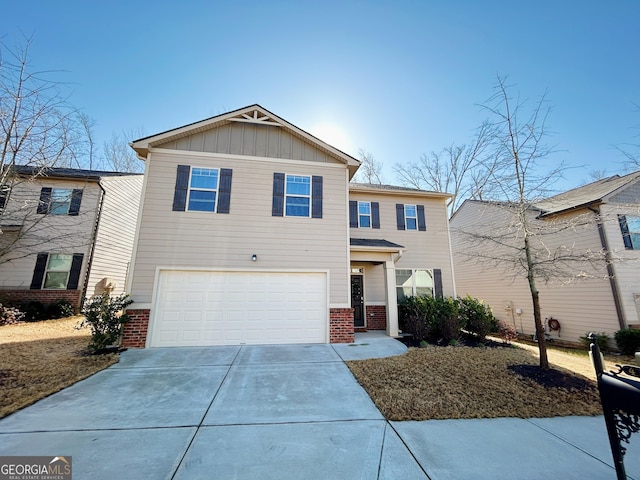 view of front of house featuring brick siding, board and batten siding, concrete driveway, and an attached garage