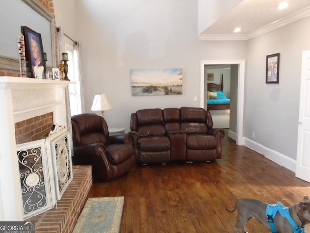 living room with wood finished floors, recessed lighting, a fireplace, crown molding, and baseboards