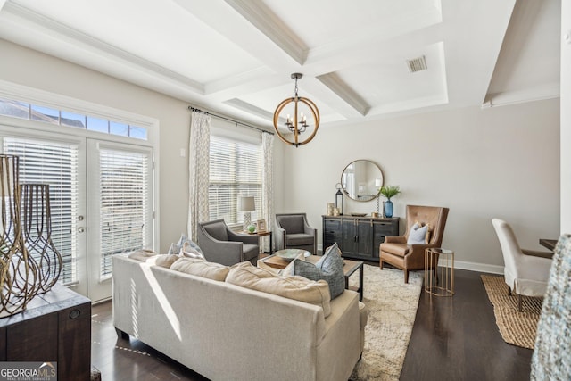 living room featuring baseboards, coffered ceiling, visible vents, beam ceiling, and dark wood-style flooring