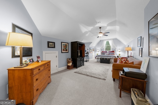 bedroom with visible vents, baseboards, light colored carpet, lofted ceiling, and a ceiling fan