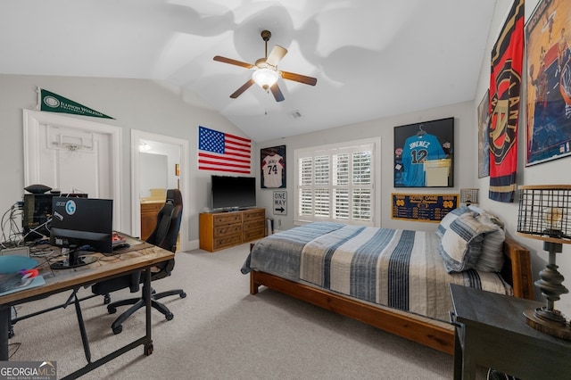 bedroom with visible vents, a ceiling fan, lofted ceiling, and carpet floors