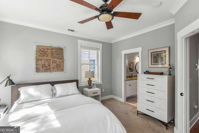 bedroom featuring light carpet, visible vents, baseboards, and ornamental molding