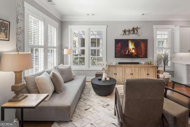 living room with visible vents, crown molding, and baseboards