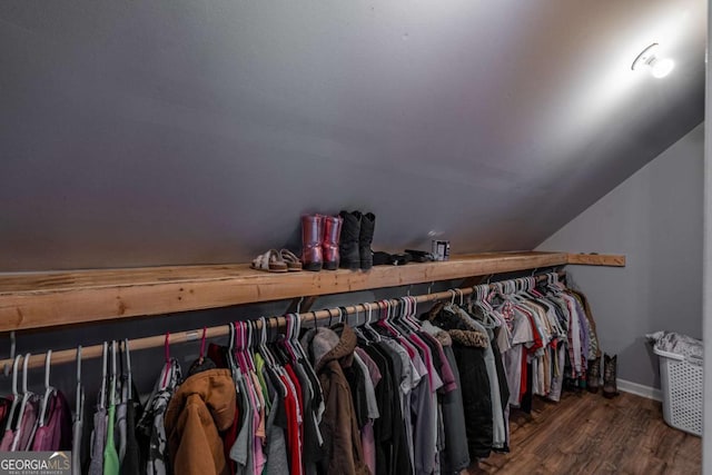 spacious closet featuring lofted ceiling and wood finished floors