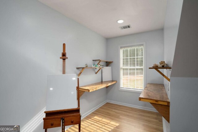 office with visible vents, recessed lighting, wood finished floors, and baseboards