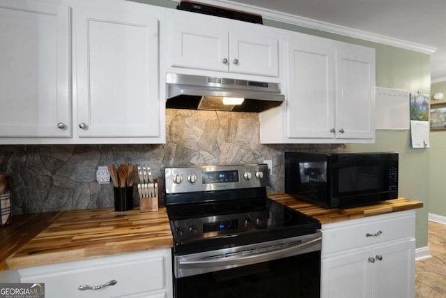 kitchen featuring under cabinet range hood, stainless steel electric range, wood counters, and black microwave