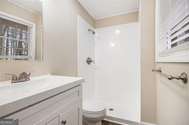 full bathroom with vanity, toilet, and walk in shower