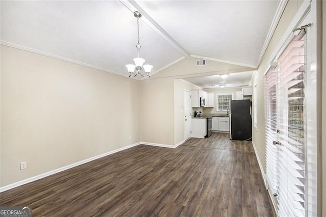 unfurnished living room featuring visible vents, baseboards, vaulted ceiling with beams, dark wood-style flooring, and a notable chandelier