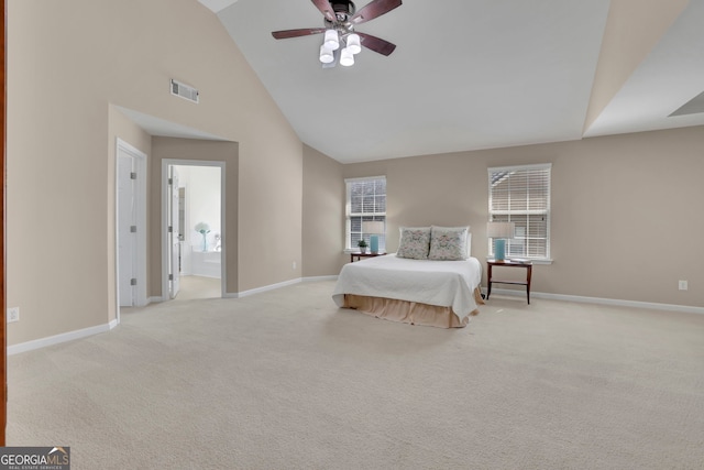 bedroom featuring visible vents, light carpet, high vaulted ceiling, a ceiling fan, and baseboards