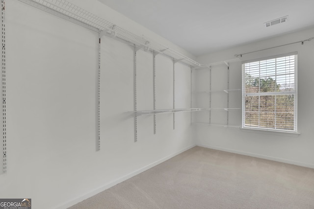 spacious closet featuring visible vents and light carpet