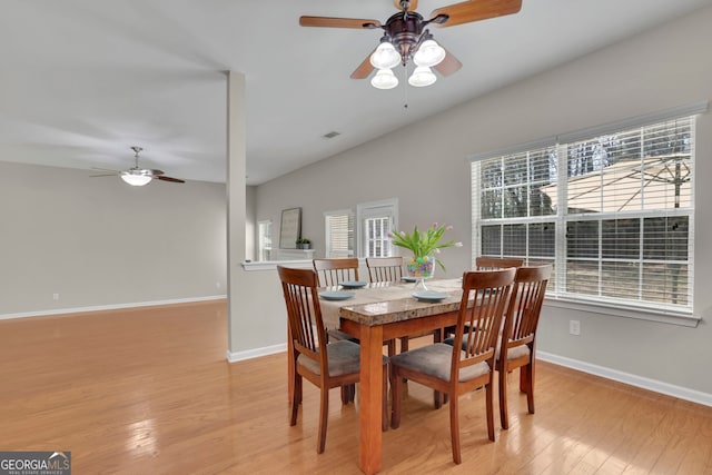 dining space featuring visible vents, a ceiling fan, light wood-type flooring, and baseboards