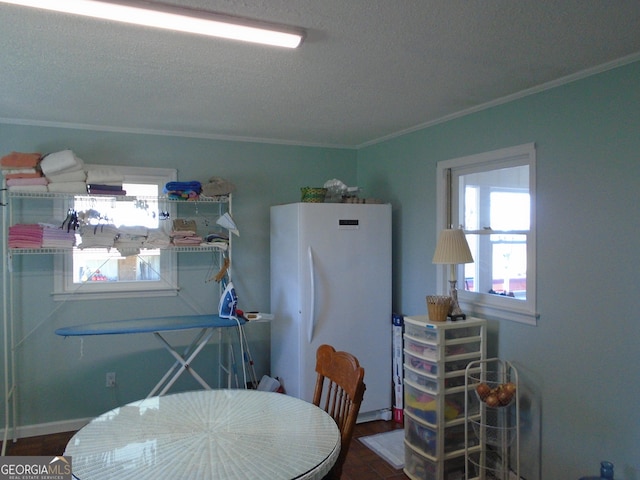 dining space featuring crown molding, baseboards, and a textured ceiling