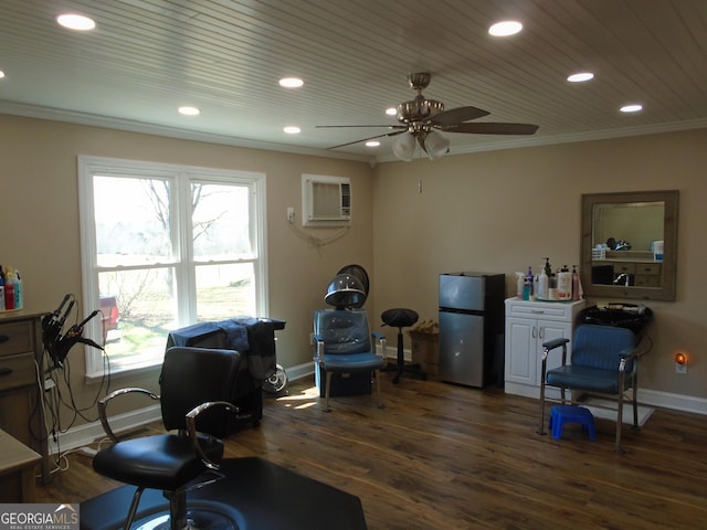 office with ornamental molding, a wall mounted AC, wood finished floors, recessed lighting, and baseboards