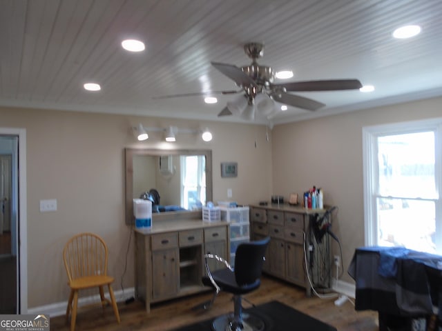 office with recessed lighting, baseboards, wood finished floors, and wooden ceiling