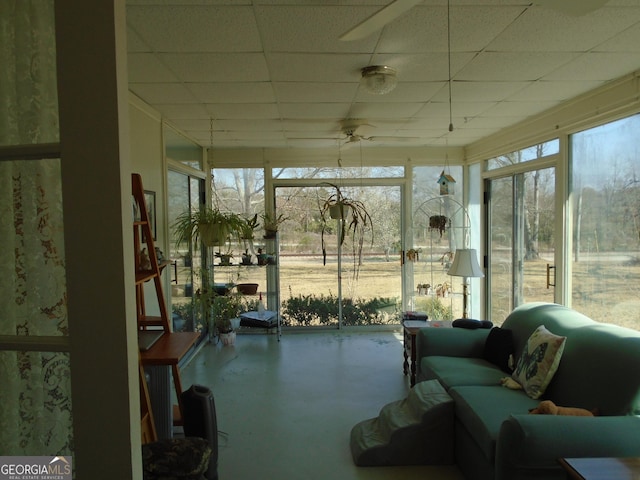 sunroom with a paneled ceiling, a healthy amount of sunlight, and ceiling fan