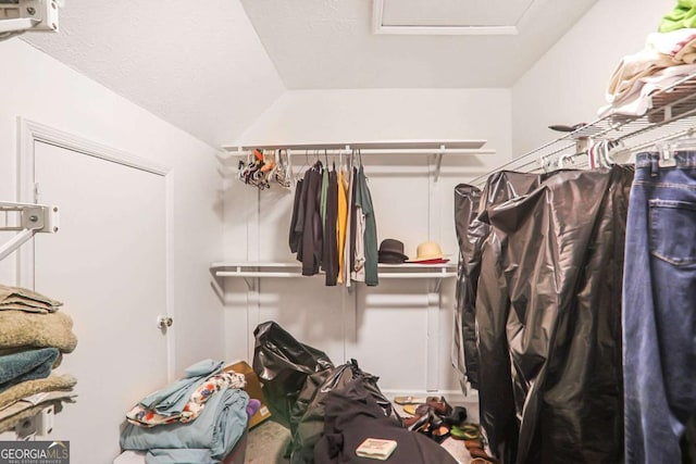 spacious closet with attic access and vaulted ceiling