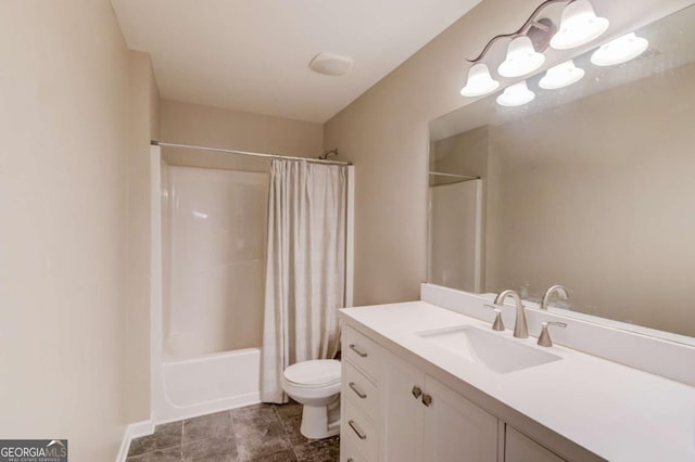 bathroom featuring tile patterned floors, toilet, vanity, and shower / bath combination with curtain