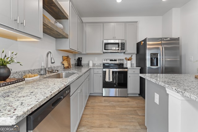 227 Ivey Ter Unit 36, Temple, GA 30179 - kitchen featuring appliances with stainless steel finishes, a sink, gray cabinetry, open shelves, and recessed lighting
