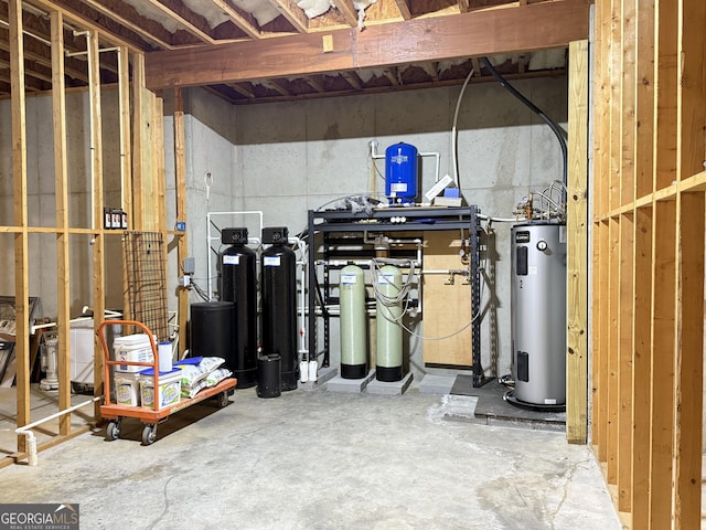 unfinished basement featuring water heater