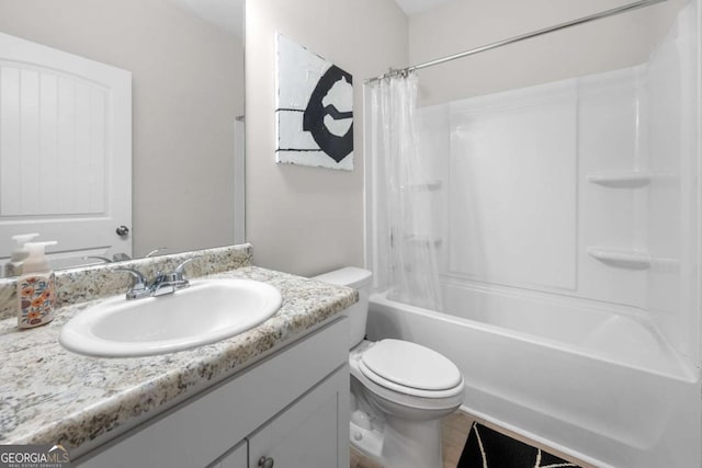 bathroom with toilet, shower / bathtub combination with curtain, and vanity