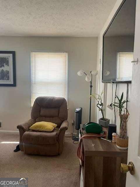 living area featuring carpet flooring, baseboards, visible vents, and a textured ceiling