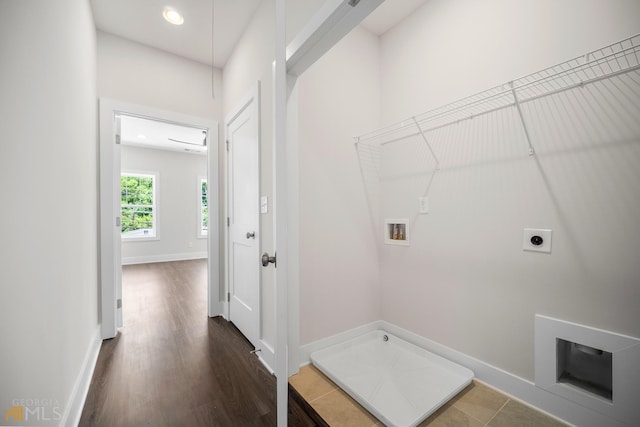 laundry room featuring baseboards, hookup for an electric dryer, attic access, hookup for a washing machine, and laundry area