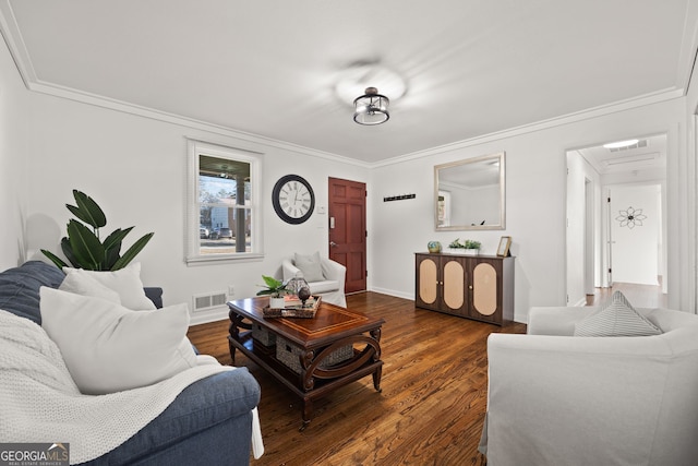 living room with dark wood finished floors, crown molding, baseboards, and visible vents