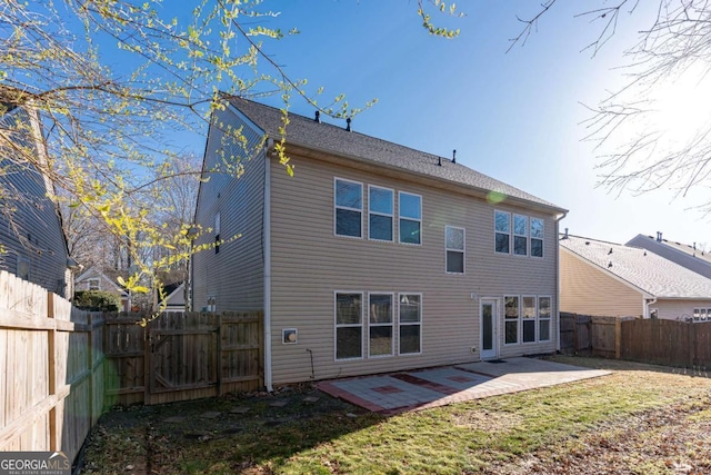 back of house featuring a patio, a lawn, and a fenced backyard