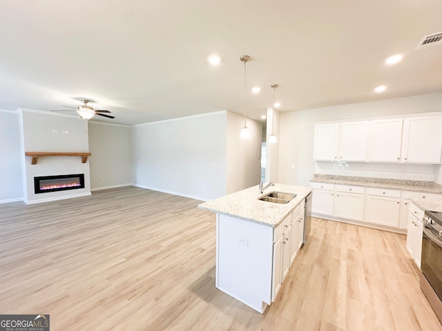 kitchen with tasteful backsplash, visible vents, light wood finished floors, and a sink