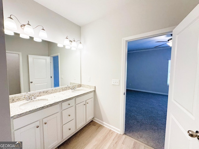 bathroom with a sink, baseboards, wood finished floors, and double vanity