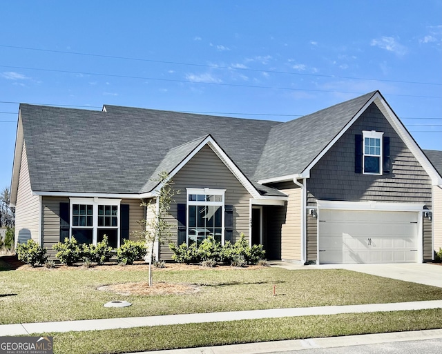 view of front facade featuring a garage, roof with shingles, concrete driveway, and a front lawn